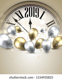 Gold shiny 2019 New Year background with clock, colorful balloons and paper confetti. Beautiful Christmas greeting card. Vector illustration.

