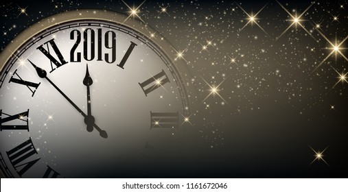 Gold shiny 2019 New Year background with clock. Beautiful Christmas greeting card. Vector illustration.