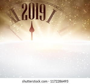 Gold shiny 2019 New Year background with blurred clock and snow. Beautiful Christmas greeting card. Vector illustration.
