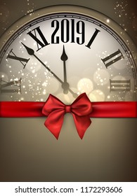 Gold shiny 2019 New Year background with clock and red satin ribbon with beautiful bow. Christmas greeting card template. Vector illustration.
