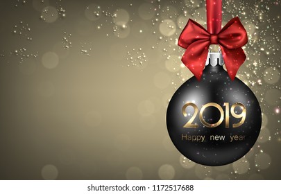 Gold shiny 2019 New Year background with black Christmas ball and beautiful red satin bow. Greeting card or festive decoration. Vector illustration.
