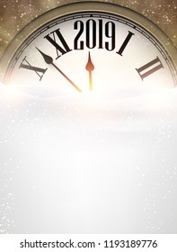 Gold shiny 2019 New Year background with clock and snow. Beautiful Christmas greeting card. Vector illustration.
