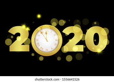 Gold shiny 2020 New Year countdown watch. Holiday antique Christmas celebration clocks with golden confetti, xmas night celebrate background.  Vector illustration.