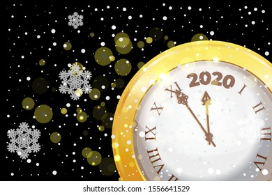 Gold shiny 2020 New Year countdown watch. Holiday antique Christmas celebration clocks with golden confetti, xmas night celebrate background.  Vector illustration.