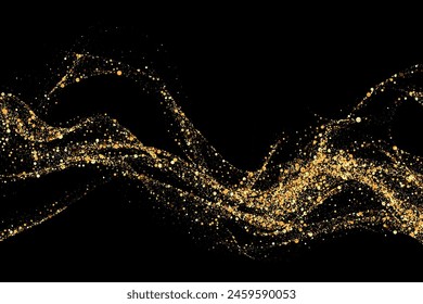 Gold shiny abstract wave. Design element with glitter effect on black background.