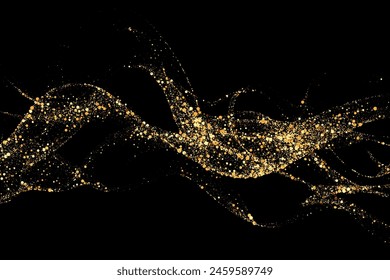 Gold shiny abstract wave,gold lines design element with glitter effect on black background.