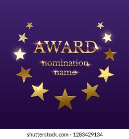Gold shiny award emblem with stars on purple background. Vector design element