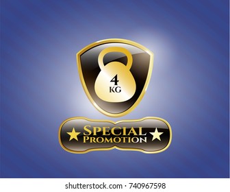  Gold shiny badge with 4kg kettlebell icon and Special Promotion text inside