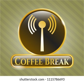  Gold shiny badge with antenna signal icon and Coffee Break text inside