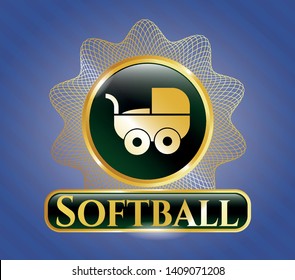  Gold shiny badge with baby cart icon and Softball text inside