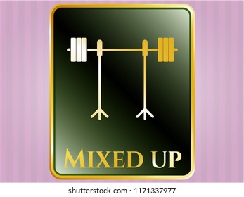  Gold shiny badge with barbell on rack icon and Mixed up text inside
