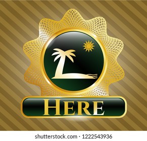  Gold shiny badge with beach icon and Here text inside