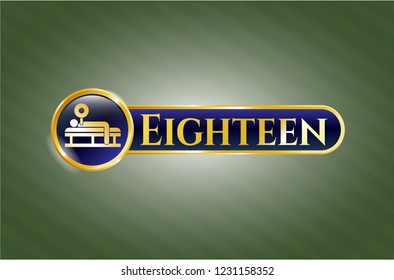  Gold shiny badge with bench press icon and Eighteen text inside