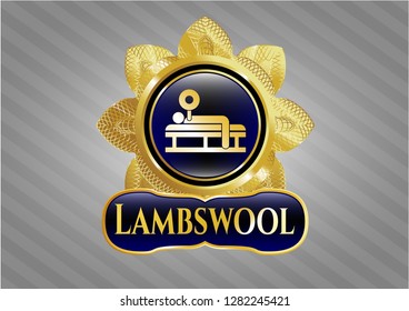  Gold shiny badge with bench press icon and Lambswool text inside