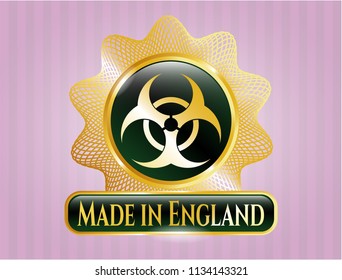  Gold shiny badge with biohazard icon and Made in England text inside