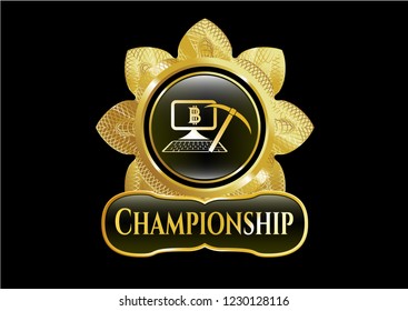  Gold shiny badge with bitcoin mining icon and Championship text inside