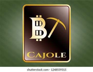  Gold shiny badge with bitcoin mining icon and Cajole text inside