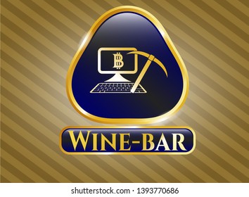  Gold shiny badge with bitcoin mining icon and Wine-bar text inside