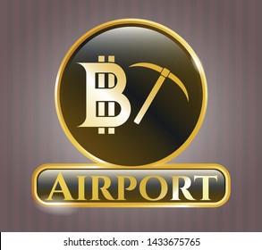  Gold shiny badge with bitcoin mining icon and Airport text inside