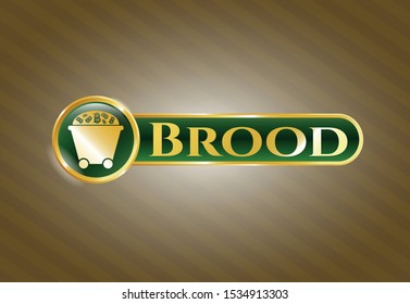  Gold shiny badge with Bitcoin mining trolley icon and Brood text inside