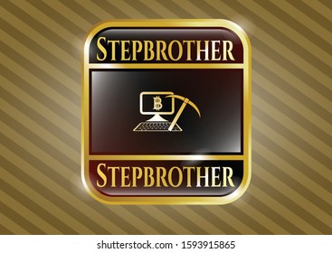  Gold shiny badge with bitcoin mining icon and Stepbrother text inside
