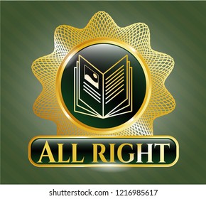  Gold shiny badge with book icon and All right text inside