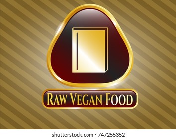  Gold shiny badge with book icon and Raw Vegan Food text inside