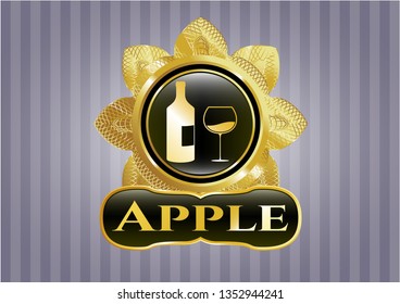  Gold shiny badge with bottle and glass of wine icon and Apple text inside
