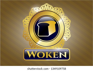  Gold shiny badge with bread icon and Woken text inside