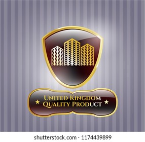  Gold shiny badge with buildings icon and United Kingdom Quality Product text inside