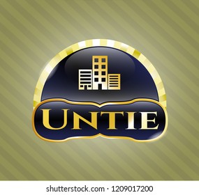  Gold shiny badge with buildings icon and Untie text inside