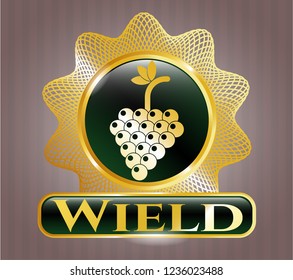  Gold shiny badge with bunch of grapes icon and Wield text inside