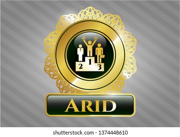  Gold shiny badge with business competition, podium icon and Arid text inside
