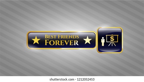  Gold shiny badge with business presentation icon and Best Friends Forever text inside