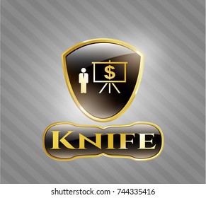  Gold shiny badge with business presentation icon and Knife text inside