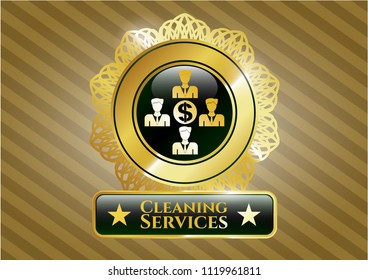  Gold shiny badge with business teamwork and money icon and Cleaning Services text inside