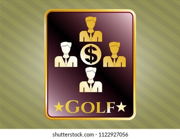  Gold shiny badge with business teamwork and money icon and Golf text inside