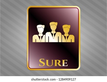  Gold shiny badge with business teamwork icon and Sure text inside