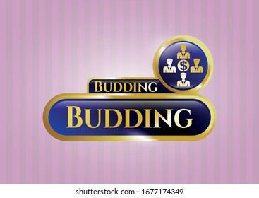  Gold shiny badge with business teamwork and money icon and Budding text inside