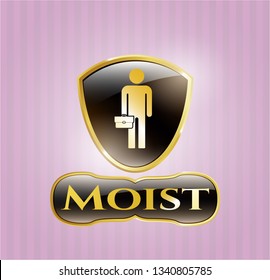  Gold shiny badge with businessman holding briefcase icon and Moist text inside