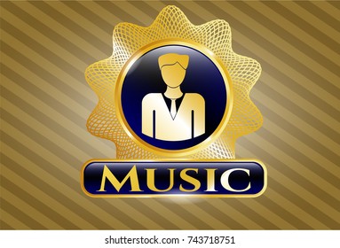  Gold shiny badge with businessman icon and Music text inside