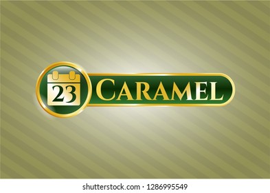 Gold shiny badge with calendar icon and Caramel text inside Gold shiny badge with calendar icon and Caramel text inside