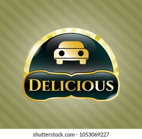  Gold shiny badge with car seen from front icon and Delicious text inside