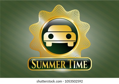    Gold shiny badge with car seen from front icon and Summer Time text inside