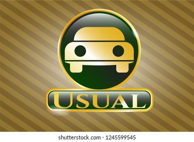  Gold shiny badge with car seen from front icon and Usual text inside