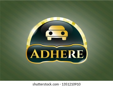  Gold shiny badge with car seen from front icon and Adhere text inside
