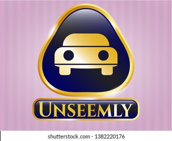  Gold shiny badge with car seen from front icon and Unseemly text inside