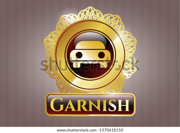  Gold shiny badge with car seen from front icon
and Garnish text inside