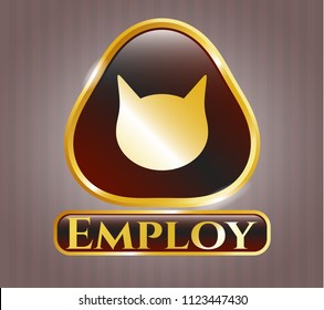  Gold shiny badge with cat face icon and Employ text inside