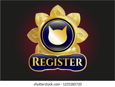  Gold shiny badge with cat face icon and Register text inside